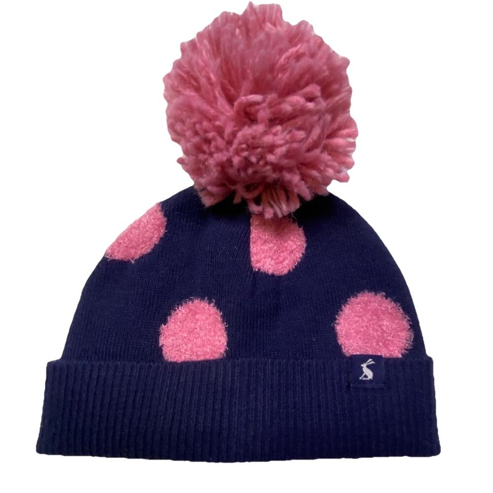 Joules Baby 0-6 Month Bobble Beanie Pom Pom Hat Knit Polka Dots Navy Blue & Pink